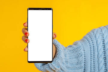 Poster - Phone hand. Smartphone with white display. Woman hand phone on white background. Cellphone with place for text. Mobile phone display mockup. Smartphone with blank screen. Mobile offer.