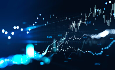 Canvas Print - Graph stock market lines and bars with rising candlesticks and numbers