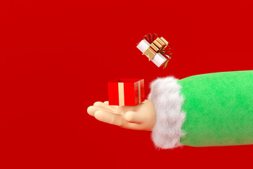 Leinwandbilder - Cartoon hand holding red open gift box. Winter Christmas background. 3d rendering.