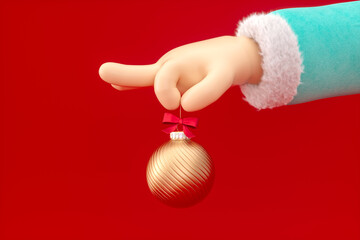 Aufkleber - Cartoon hand holding golden Christmas ball. Winter Christmas background. 3d rendering.