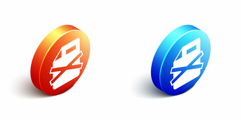 Poster - Isometric Delete file document icon isolated on white background. Rejected document icon. Cross on paper. Orange and blue circle button. Vector