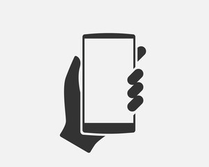 Poster - Hand holding smartphone icon. Mobile phone vector illustration. Logo hold cellphone.