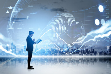 Poster - Businessman take note in clipboard, panoramic city view and stoc