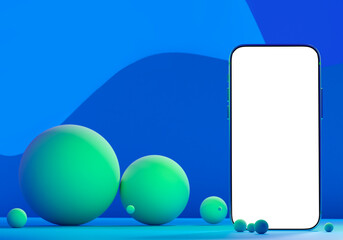 Poster - Smartphone on an abstract geometric background. A mobile phone with a blank screen for text. Balloons next to the smartphone. Cell phone and geometric shapes. Blue background. 3d image
