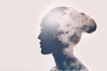psychology and caucasian woman mental health concept. multiple exposure clouds and sun on female hea