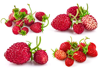 Wall Mural - Collage mix set of Berry wild strawberry with green leaves handful fresh strawberries healthy food, isolated on white background.