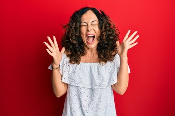 Canvas Print - Middle age hispanic woman wearing casual clothes celebrating mad and crazy for success with arms raised and closed eyes screaming excited. winner concept