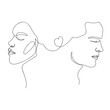 A pair of lovers. Portrait of a man and a woman. Love, valentine's day, family. Line art, one line illustration. Vector.