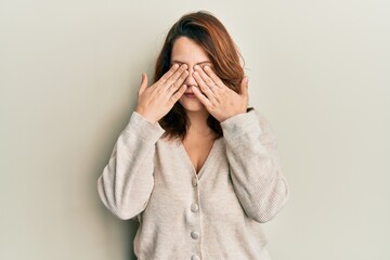 young caucasian woman wearing casual clothes rubbing eyes for fatigue and headache, sleepy and tired