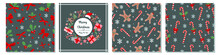 Merry Christmas And Happy New Year Greeting Card And Decorative Seamless Patterns Set. Christmas Different Patterns Set Collection On Grey Backgrounds. 