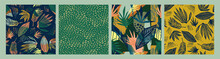Set Of Abstract Art Seamless Patterns With Tropical Leaves. Modern Exotic Design