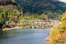 紅葉が美しい渡良瀬川を渡るわたらせ渓谷鐵道