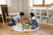Two Black little sibling children sitting on floor at home, playing with wooden colorful toy blocks, constructing railway. Elder sister teaching junior brother to complete building model