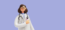 3d Render. Cartoon Character Young Caucasian Woman Doctor, Wears Glasses And Uniform, Shows Direction With Finger. Medical Clip Art Isolated On Blue Violet Background. Health Care Consultation