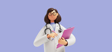 3d Render. Cartoon Character Caucasian Woman Doctor Holds Clipboard, Wears Glasses And Uniform. Medical Clip Art Isolated On Blue Violet Background. Healthcare Consultation
