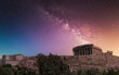 Parthenon ancient temple and Propylea on Acropolis of Athens, Greece under starry night sky