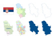 Serbia map. Detailed blue outline and silhouette. Administrative divisions. Autonomous provinces and districts. Country flag. Set of vector maps. All isolated on white background.
