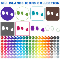 Wall Mural - Gili Islands icons collection. Bright colourful trendy map icons. Modern Gili Islands badge with island map. Vector illustration.