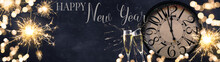 HAPPY NEW YEAR 2022 - Festive Silvester New Year's Eve Party Celebration Background Panorama Banner Long - Golden Yellow Fireworks, Sparklers, Clock And Champagne Classes Toasting In The Blue Night