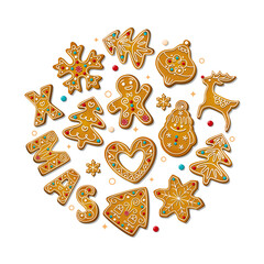 Wall Mural - Christmas gingerbread cookies in cartoon style isolated on white background. Sweet sugar biscuits in circle composition. Festive shaped crackers. Vector illustration