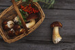 mushrooms in a basket on a wooden table, top view