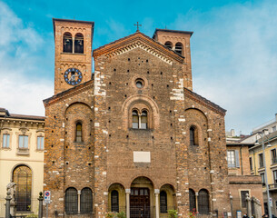 Wall Mural - The façade of the Catholic church of San Sepolcro, originally built in 12th century, in Romanesque style, part of the Ambrosian Library, Milan city center, Lombardy region, Italy