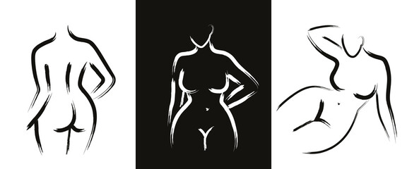 Minimalist brush stroke art of woman body. Curvy girl silhouette in line art style. Nude abstract female drawing. Modern bohemian vector illustration for print or design