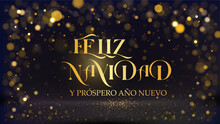 Tarjeta O Banner En Feliz Navidad Y Próspero Año Nuevo En Oro Sobre Fondo Negro Con Efecto Bokeh Redondo En Color Dorado