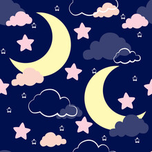 Cute Cartoons Pattern Moon Cloud Stars Seamless Pattern 2  On Blue