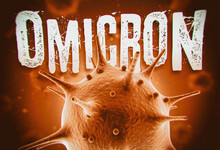 Coronavirus Omicron Variant 3d Render Concept. Macro Coronavirus Cell And Omicron Text In Front Of Blurry Virus Cells Floating On Air. The Omicron Variant Also Known As The B.1.1.529