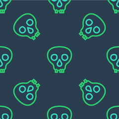 Wall Mural - Line Skull icon isolated seamless pattern on blue background. Happy Halloween party. Vector