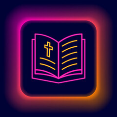 Canvas Print - Glowing neon line Holy bible book icon isolated on black background. Colorful outline concept. Vector