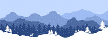 Winter Landscape With Mountains, Forest, Deer And Snowfall. Panoramic Illustration Of Winter Wildlife With Mountain, Fir And Pine Trees, Horned Deer And Snow. Christmas Background. Vector.