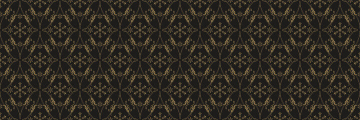 Sticker - Beautiful background image with golden floral ornament on a black background for your design projects, seamless pattern, wallpaper textures with flat design. Vector illustration