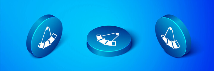 Poster - Isometric Hunting horn icon isolated on blue background. Blue circle button. Vector