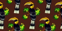 Tropical Botanical Jungle Forest, Hornbills Bird In Green Leaves Seamless Pattern, Background,garden Concept Illustration Vector By Freehand Doodle Comic Art,for Textile Print