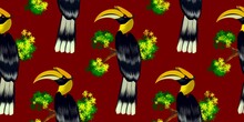 Tropical Botanical Jungle Forest, Hornbills Bird In Green Leaves Seamless Pattern, Background,garden Concept Illustration Vector By Freehand Doodle Comic Art,for Textile Print