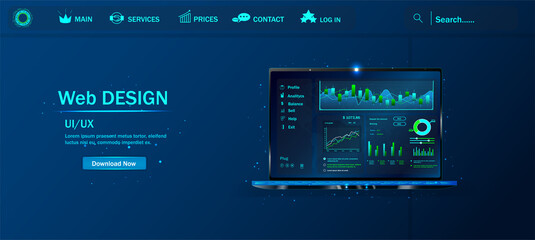 The website of the application. Creating a mobile application. User experience. Various UI, UX, graphical interfaces of the laptop screen of modern infographics. Web design and analysis. Vector