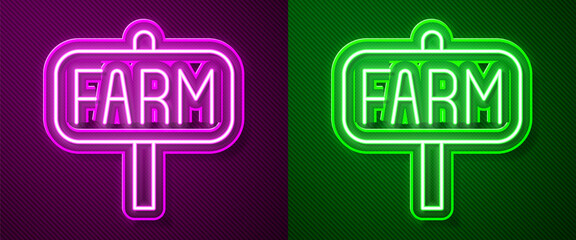 glowing neon line location farm icon isolated on purple and green background. vector