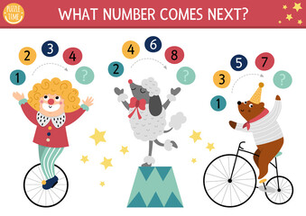 What number comes next. Continue the row game with numerals and cute circus artists. Amusement show logical math activity for preschool kids with clown, poodle, bear on bike.