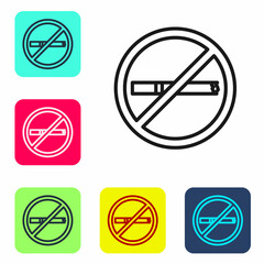 Black line No smoking icon isolated on white background. Cigarette smoking prohibited sign. Set icons in color square buttons. Vector