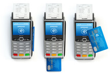 POS terminal with credit card with different types of using isolated on white.