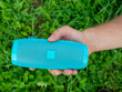 © Sergey - Close-up of a man's hand holding a blue wireless music speaker. There is a thick green grass in the background. Using an outdoor device. Top view