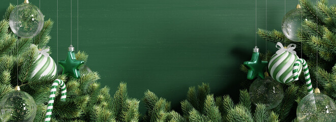 Christmas decoration and pine branch on green wall background. 3d rendering