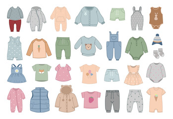 Collection of clothes for babies in flat style.