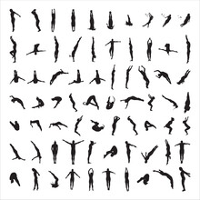 Collection Of Black Silhouettes Of Diving Sport Characters Isolated On A White Background.