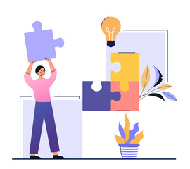 Poster - Concept of business solution. Girl collects puzzles with each other. Employee carrying out project. Coworking, teamwork. Innovation, character realizes idea, insight. Cartoon flat vector illustration