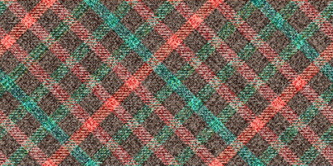 Poster - tweed fabric texture warm colors diagonal checkered orange and turquoise stripes on brown traditional gingham repeatable ornament for ragged old grungy plaid tablecloths tartan clothes dresses