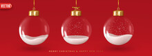 Christmas Decorations Glass Baubles Transparent Balls Inside Snow, Hang On Gold Ribbon, Set Isolated On Red Background. Realistic 3d Design Of Elements Of Christmas Decorations. Vector Illustration