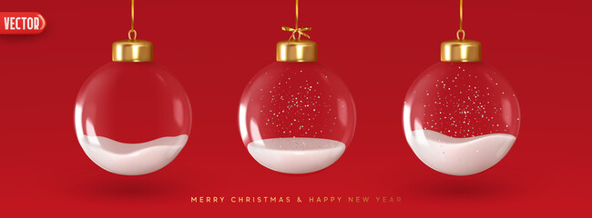 Fototapete - Christmas decorations glass baubles transparent balls inside snow, hang on gold ribbon, set isolated on red background. Realistic 3d design of elements of Christmas decorations. vector illustration